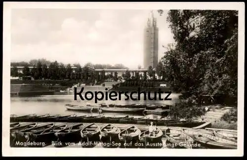 ALTE POSTKARTE MAGDEBURG BLICK VOM ADOLF-MITTAG-SEE AUF DAS AUSSTELLUNGSGELÄNDE See Teich Ansichtskarte postcard AK cpa