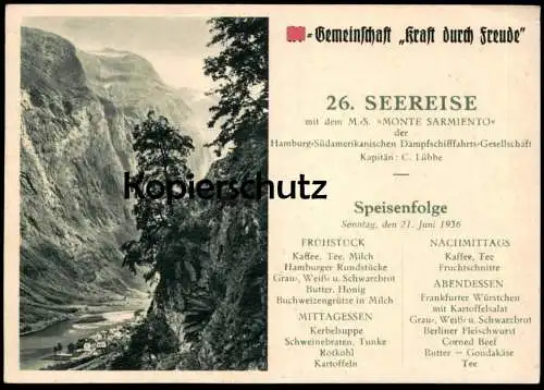 ALTE POSTKARTE DAMPFER M.S. MONTE SARMIENTO KRAFT DURCH FREUDE SPEISENFOLGE GUDVANGEN NÄRÖFJORD NORGE NORWAY SHIP Schiff