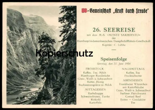 ALTE POSTKARTE DAMPFER M.S. MONTE SARMIENTO KRAFT DURCH FREUDE SPEISENFOLGE GUDVANGEN NÄRÖFJORD NORGE NORWAY SHIP Schiff