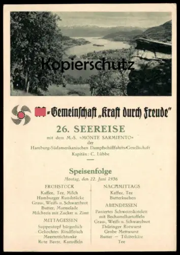 ALTE POSTKARTE DAMPFER M.S. MONTE SARMIENTO KRAFT DURCH FREUDE SPEISENFOLGE HARDANGERFJORD NORGE NORWAY SHIP Schiff AK