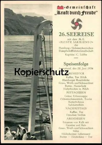 ALTE POSTKARTE REISE DAMPFER M.S. MONTE SARMIENTO KRAFT DURCH FREUDE SPEISENFOLGE SCHÄREN NORGE NORWAY SHIP SCHIFF AK