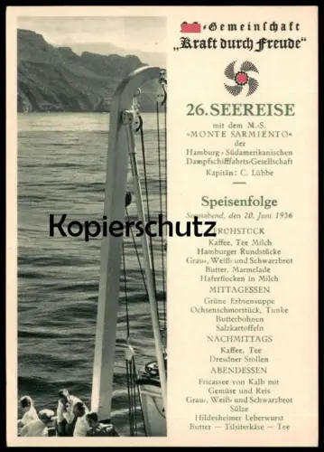 ALTE POSTKARTE REISE DAMPFER M.S. MONTE SARMIENTO KRAFT DURCH FREUDE SPEISENFOLGE SCHÄREN NORGE NORWAY SHIP SCHIFF AK