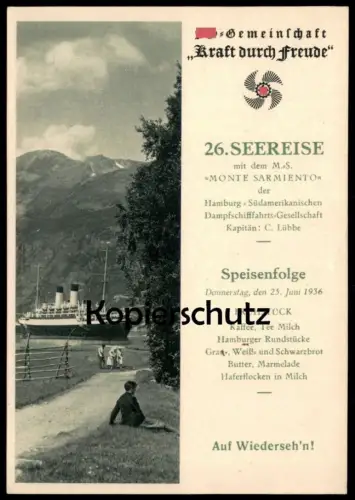 ALTE POSTKARTE REISE DAMPFER M.S. MONTE SARMIENTO KRAFT DURCH FREUDE SPEISENFOLGE EIDFJORD NORGE NORWAY SHIP SCHIFF AK