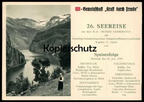 ALTE POSTKARTE REISE DAMPFER M.S. MONTE SARMIENTO KRAFT DURCH FREUDE SPEISENFOLGE SOGNEFJORD NORGE NORWAY SHIP SCHIFF AK