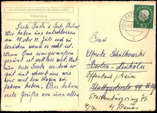 ALTE POSTKARTE KÖLN KÖLNER DOM AUS STROH GESCHAFFENES KUNSTWERK R. MIDECK 1248 BEGONNEN 1842-1880 VOLLENDET cpa postcard