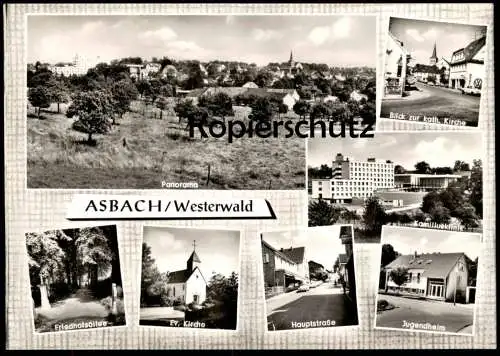 ÄLTERE POSTKARTE ASBACH WESTERWALD PANORAMA BLICK ZUR KATH. KIRCHE VW WERKSTATT VOLKSWAGEN SHELL Kreis Neuwied postcard