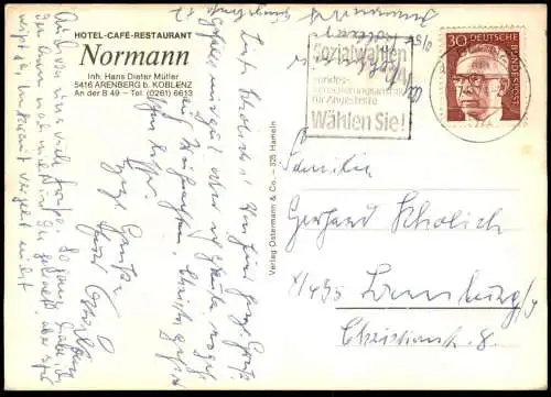 ÄLTERE POSTKARTE HOTEL CAFÉ RESTAURANT NORMANN ARENBERG BEI KOBLENZ INH. HANS DIETER MÜLLER Autos Mercedes Ansichtskarte