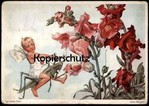 ALTE POSTKARTE PHANTASIE DER KLEINE HELD ELFE FEE FLÜGEL GRASHÜPFER ANNA MARGRET grasshopper fairy AK cpa postcard