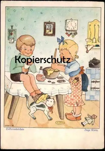 ALTE POSTKARTE KINDER BACKEN KUCHEN LECKERMÄULCHEN KATZE PUPPE SIGN. INGE KLEIN chat cat enfants children postcard cpa