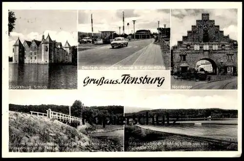 ÄLTERE POSTKARTE GRUSS AUS FLENSBURG GRENZE BEI KUPFERMÜHLE SCHUSTERKATE GLÜCKSBURG WASSERSLEBEN BUCHT Ansichtskarte