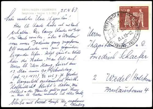 ALTE POSTKARTE ÜBERLINGEN AM BODENSEE SEEGFRÖRNE BEGINN 01.02.1963 Eisschicht zugefrorener See Ansichtskarte AK postcard