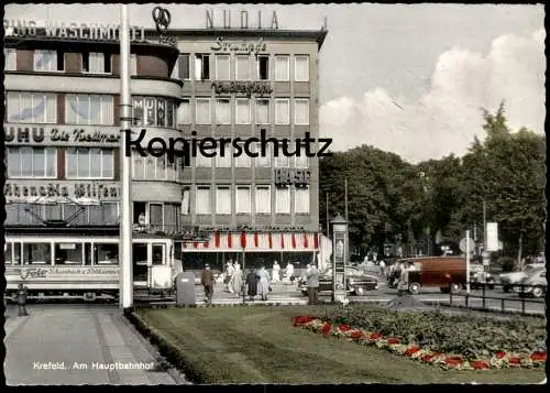 ALTE POSTKARTE KREFELD AM HAUPTBAHNHOF STRASSENBAHN REKLAME FOTO SCHAMBACH & POTTKÄMPER UHU NUDIA RHENANIA PILSENER AK