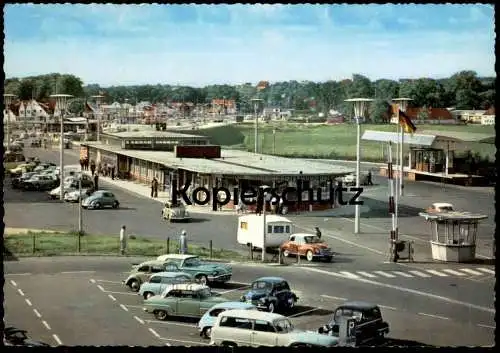 ÄLTERE POSTKARTE FLENSBURG GRENZE AUTOBAHN VW KÄFER CAMPING WOHNWAGEN Grense Border frontière Zoll Auto AK postcard cpa