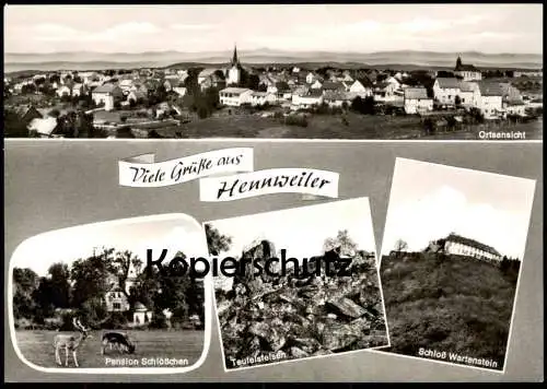 ÄLTERE POSTKARTE VIELE GRÜSSE AUS HENNWEILER KIRN ORTSANSICHT SCHLOSS WARTENSTEIN EDEKA PETER JOSEF FEY KIRNER LAND AK