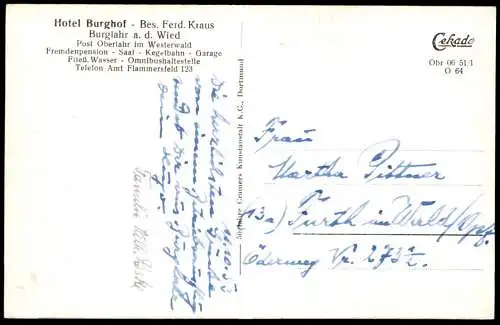 ÄLTERE POSTKARTE BURGLAHR AN DER WIED HOTEL BURGHOF BES. FERD. KRAUS WESTERWALD ALTENKIRCHEN FLAMMERSFELD Ansichtskarte