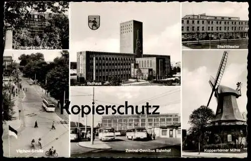ÄLTERE POSTKARTE WILHELMSHAVEN ROBERT-KOCH-HAUS VIRCHOW-STRASSE OMNIBUS BAHNHOF KOPPENHÖRNER MÜHLE BUS OBERLEITUNG AK