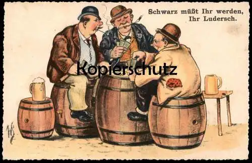ALTE POSTKARTE SKAT SCHWARZ MÜSST IHR WERDEN IHR LUDERSCH WILLI SCHEUERMANN SKATSPIEL Karten Bier AK cpa postcard