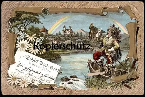 ALTE POSTKARTE BEHÜT DICH GOTT TROMPETER SÄCKINGEN NEUJAHR STEMPEL FREI AVERS KÖNIGLICH PREUSSISCHE ORTSSCHULINSPEKTION