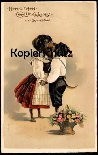 ALTE PRÄGE POSTKARTE DACKEL VERMENSCHLICHT HERZLICHEN GLÜCKWUNSCH ZUM GEBURTSTAG Kuss Hund Dachshund Teckel dog chien AK