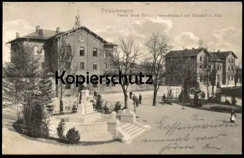 ALTE POSTKARTE TRAUNSTEIN PARTIE BEIM PRIINZREGENTENDENKMAL MIT BAHNHOF UND POST station gare Ansichtskarte cpa postcard