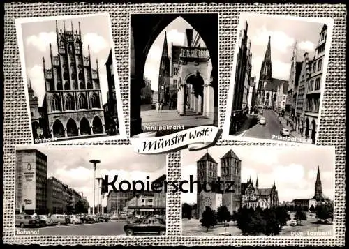 ÄLTERE POSTKARTE MÜNSTER BAHNHOF DOM LAMBERTI PRINZIPALMARKT RATHAUS HOTEL CONTI VW KÄFER OPEL Ansichtskarte postcard AK