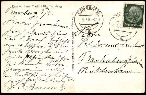 ALTE POSTKARTE BENSBERG KRANKENHAUS MARIA-HILF 1937 HOSPITAL KLINIK BERGISCH GLADBACH Ansichtskarte AK cpa postcard