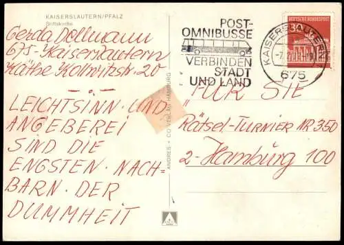 ÄLTERE POSTKARTE KAISERSLAUTERN PFALZ STIFTSKIRCHE VW KÄFER OPEL KADETT NSU PRINZ Ansichtskarte postcard cpa AK