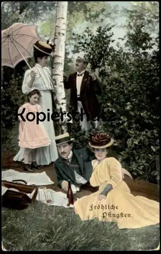 ALTE POSTKARTE FRÖHLICHE PFINGSTEN LIEBESPAAR FAMILIE SCHIRM Frau Mann Paar Kinder couple love woman umbrella Alkohol AK