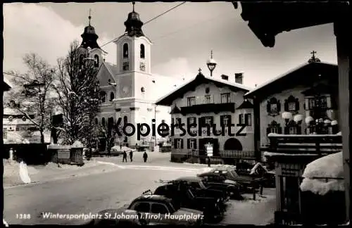 ÄLTERE POSTKARTE SANKT JOHANN IN TIROL ST. HAUPTPLATZ AUTOS AUTO VW KÄFER SCHNEE WINTER SCHILD REISEBÜRO AK postcard cpa