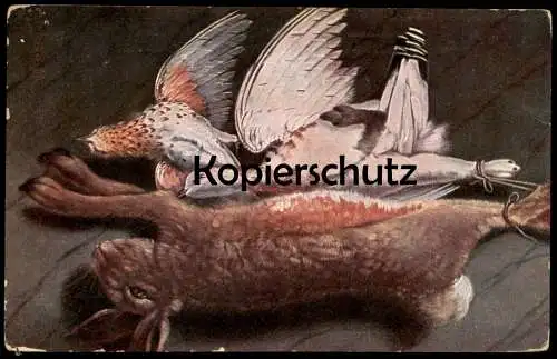 ALTE KÜNSTLER POSTKARTE STILLLEBEN JAGD KANINCHEN RESTAURATION ZUM FEIGENBAUM NIETHAMMER FRANKFURT hunt Hunting Wildbret