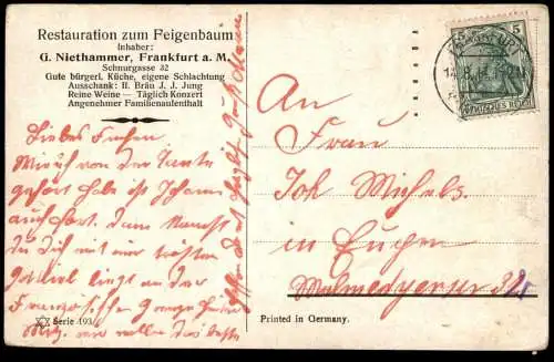 ALTE KÜNSTLER POSTKARTE STILLLEBEN JAGD KANINCHEN RESTAURATION ZUM FEIGENBAUM NIETHAMMER FRANKFURT hunt Hunting Wildbret