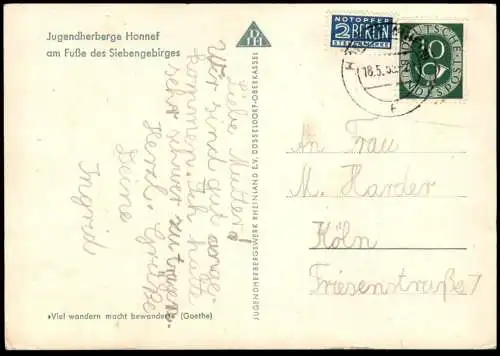 ÄLTERE POSTKARTE BAD HONNEF DEUTSCHE JUGENDHERBERGE AM FUSSE DES SIEBENGEBIRGES 1956 Ansichtskarte AK cpa postcard