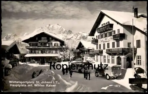 ÄLTERE POSTKARTE SANKT JOHANN IN TIROL ST. HAUPTPLATZ POST- UND TELEGRAPHENAMT AUTOS AUTO BUS SCHNEE WINTER AK postcard