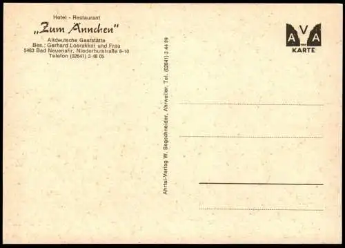 ÄLTERE POSTKARTE BAD NEUENAHR HOTEL RESTAURANT ZUM ÄNNCHEN BESITZER GERHARD LOERAKKER UND FRAU Ansichtskarte AK postcard