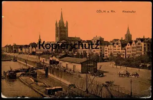 ALTE POSTKARTE CÖLN AM RHEIN RHEINUFER SCHIFF ORANGE-TON ORANGEFARBEN Köln Ansichtskarte AK cpa postcard