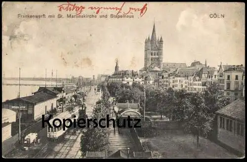 ALTE POSTKARTE CÖLN FRANKENWERFT RHEINUFERBAHN REPARATURZUG ARBEITER ARBEITEN AN OBERLEITUNG KÖLN Gleise postcard AK