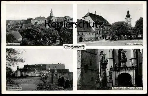 ALTE POSTKARTE TIRSCHENREUTH GESAMTANSICHT OBERER MARKTPLATZ DREIFALTIGKEITS-SÄULE UND OELBERG FISCHHOFBRÜCKE AK cpa