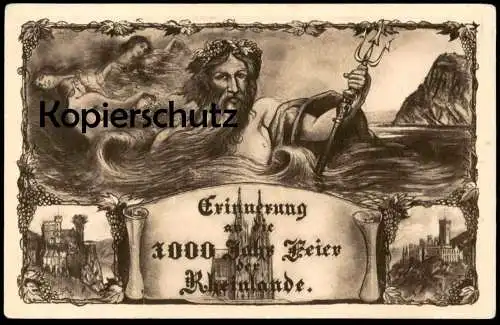 ALTE POSTKARTE 1000 JAHR FEIER RHEINLAND KÖLN RHEIN LORELEY BURG NIXE MEERJUNGFRAU NEPTUN Oceaniden mermaid nude breast