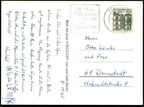 ÄLTERE POSTKARTE BEA JET PROP VISCOUNT VON UND NACH BERLIN Propeller-Flugzeug aircraft airplane avion plane postcard