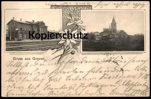 ALTE POSTKARTE GRUSS GREVEN IN WESTFALEN BAHNHOF KIRCHE station gare Ansichtskarte cpa postcard