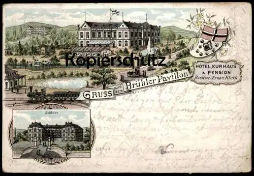 ALTE LITHO POSTKARTE BRÜHL BEI KÖLN GRUSS AUS DEM BRÜHLER PAVILLON FRANZ KLUTH DAMPFLOK ZUG 1898 Ansichtskarte postcard