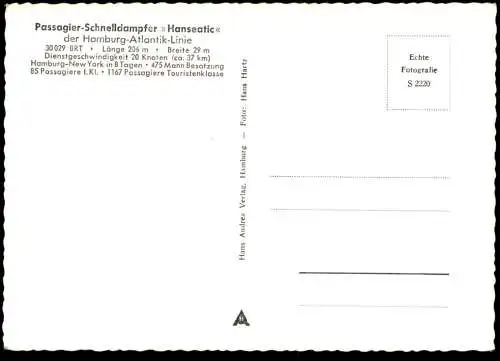 ÄLTERE POSTKARTE SCHNELLDAMPFER HANSEATIC PASSAGIERSCHIFF HAMBURG ATLANTIK Dampfer Schiff ship bateau steamer postcard