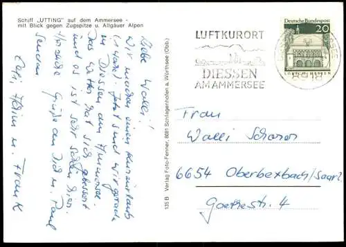 ÄLTERE POSTKARTE SCHIFF UTTING AUF DEM AMMERSEE MIT BLICK GEGEN ZUGSPITZE UND ALLGÄUER ALPEN Motorschiff AK postcard cpa