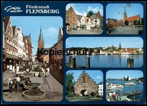 ÄLTERE POSTKARTE FÖRDESTADT FLENSBURG HAFEN UND STADT BRUNNEN SPRINGBRUNNEN Ansichtskarte AK postcard cpa