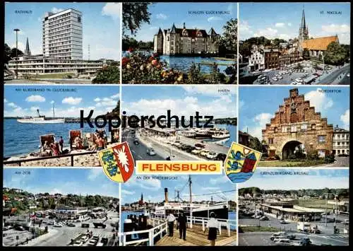 ÄLTERE POSTKARTE FLENSBURG HAFEN GRENZÜBERGANG KRUSAU KURSTRAND GLÜCKSBURG AM ZOB AN DER FÖRDEBRÜCKE RATHAUS ST. NIKOLAI