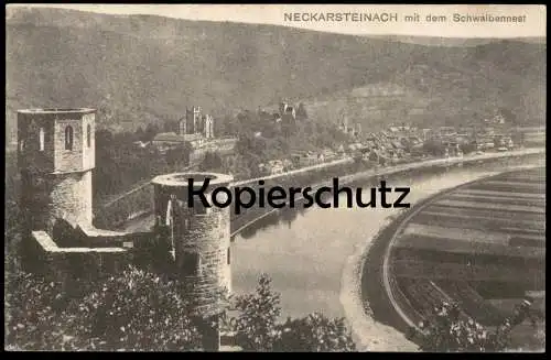 ÄLTERE POSTKARTE NECKARSTEINACH MIT BURG SCHWALBENNEST IM VORDERGRUND PANORAMA NECKAR Ansichtskarte AK cpa postcard