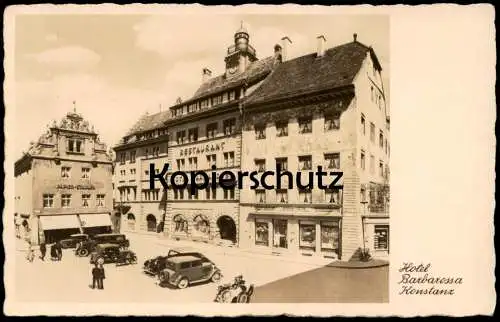 ALTE POSTKARTE KONSTANZ HOTEL BARBAROSSA RESTAURANT PAPIER STADLER ELEKTRO KÖRTH Auto Oldtimer Ansichtskarte AK postcard