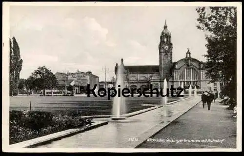 ALTE POSTKARTE WIESBADEN REISINGERBRUNNEN MIT BAHNHOF BRUNNEN HAUPTBAHNHOF gare station Ansichtskarte AK postcard cpa