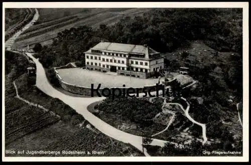 ALTE POSTKARTE RÜDESHEIM AM RHEIN BLICK AUF DIE JUGENDHERBERGE LUFTBILD FLIEGERAUFNAHME PANORAMA postcard Ansichtskarte