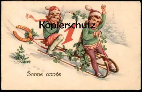 ALTE POSTKARTE BONNE ANNÉE ENFANTS NEUJAHR KINDER AUF SCHLITTEN HUFEISEN children luge sleigh cpa postcard Ansichtskarte